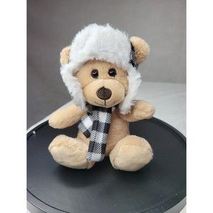 Brown Bear Soft  Stuffed Animal Plush Black Whit Scarf and Plaid Hat 8"  Hugfun